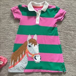 Mini Boden Pink and Green Striped Dress with Horse Design